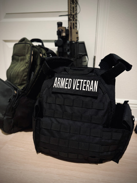 Black Embroidered "Armed Veteran"® Patch with Hook & Loop Backing